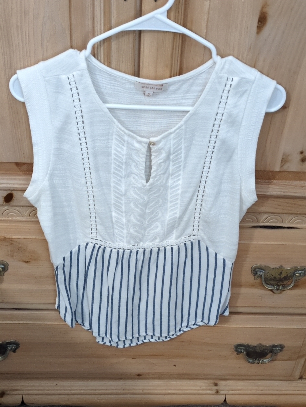 Skies Are Blue White Sleeveless Blouse with Navy Stripe Hem